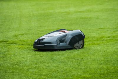 Robot tondeuse sur un gazon tondu